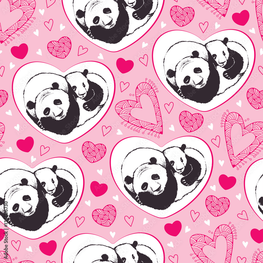Vector seamless pattern with sleeping panda couple in love and ornate hearts on the pink background. Design elements and holiday symbols in contour style for Valentine day. Romantic background. Vector seamless pattern with sleeping panda couple in love and ornate hearts on the pink background. Design elements and holiday symbols in contour style for Valentine day. Romantic background.