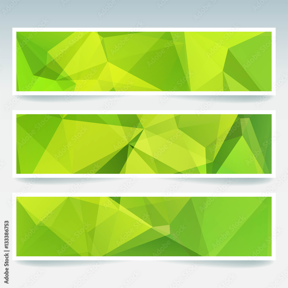 Vector banners set with polygonal abstract green, yellow triangles. Abstract polygonal low poly banners. Vector banners set with polygonal abstract green, yellow triangles. Abstract polygonal low poly banners.