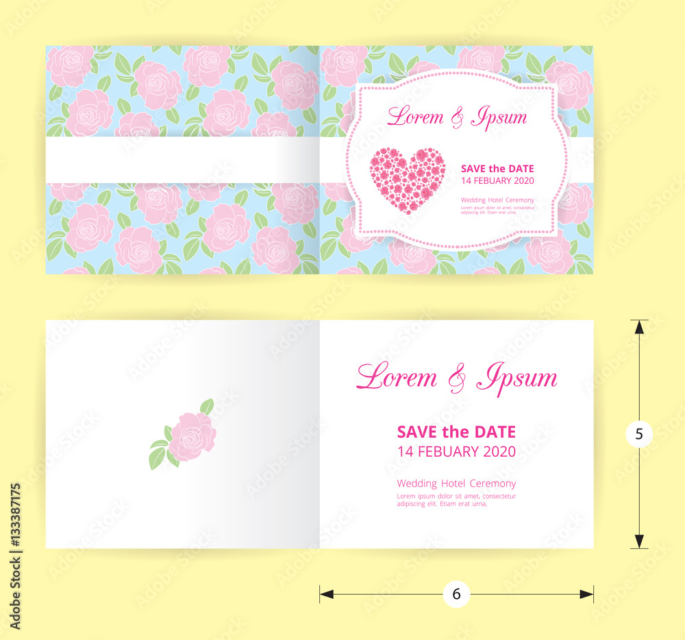 Pink wedding card template heart icon, white name label on pastel rose shape pattern blue background, vintage design frame and dotted border, ready to print with save the date demo text box