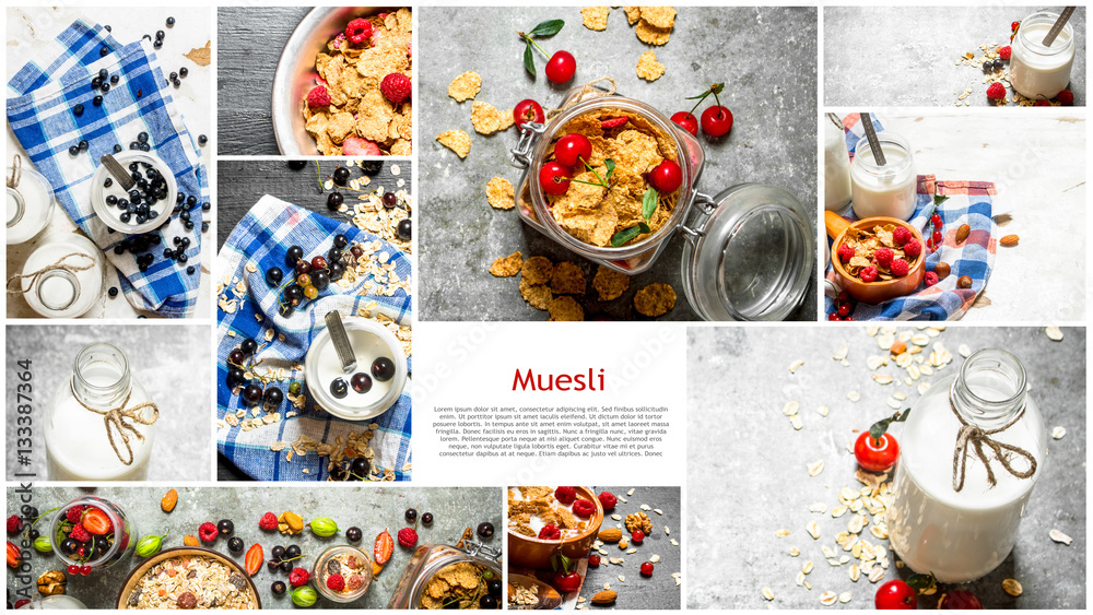 Fototapeta premium Food collage of muesli with berries.