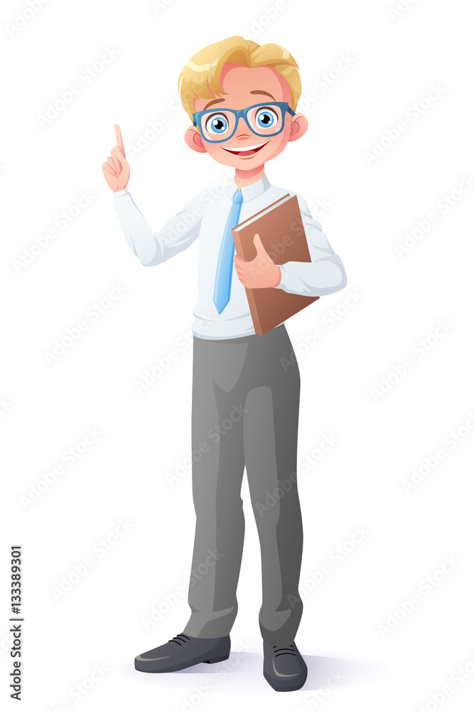 Vector clever young school boy with eyeglasses finger pointing up. Vector clever young school boy with eyeglasses finger pointing up.