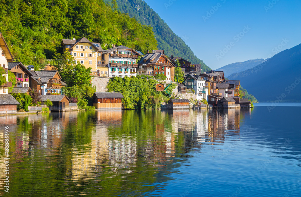 Historic town of Hallstatt in summer, Salzkammergut, Austria Historic town of Hallstatt in summer, Salzkammergut, Austria