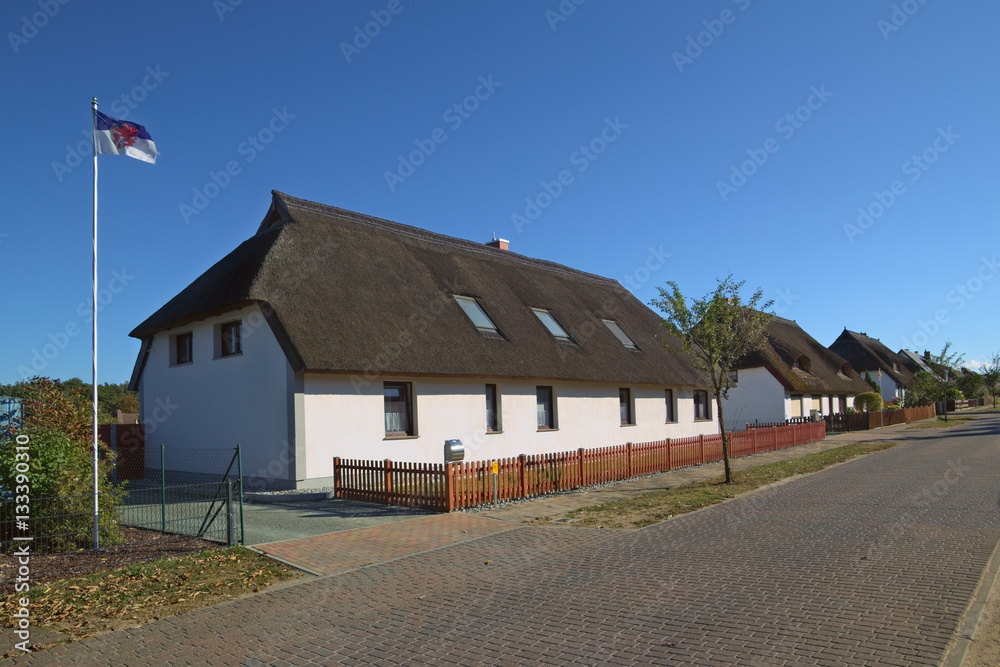 Thatched houses in Hanshagen, Mecklenburg-West Pomerania, Germany. On the left the flag of Western Pomerania with its heraldic animal, the griffin
