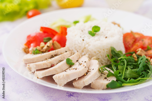 Diet food. Chicken breast with rice and vegetables. Healthy life