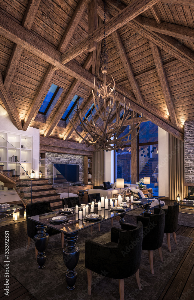 Fototapeta premium 3D rendering of evening living room of chalet