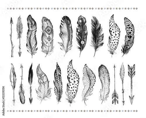 Set of hand drawn bird feathers isolated on white background. Bo