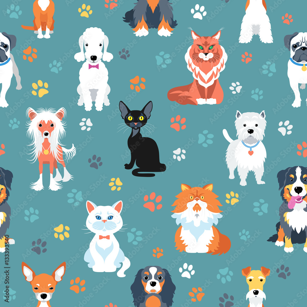 Vector seamless background with cats and dogs flat design