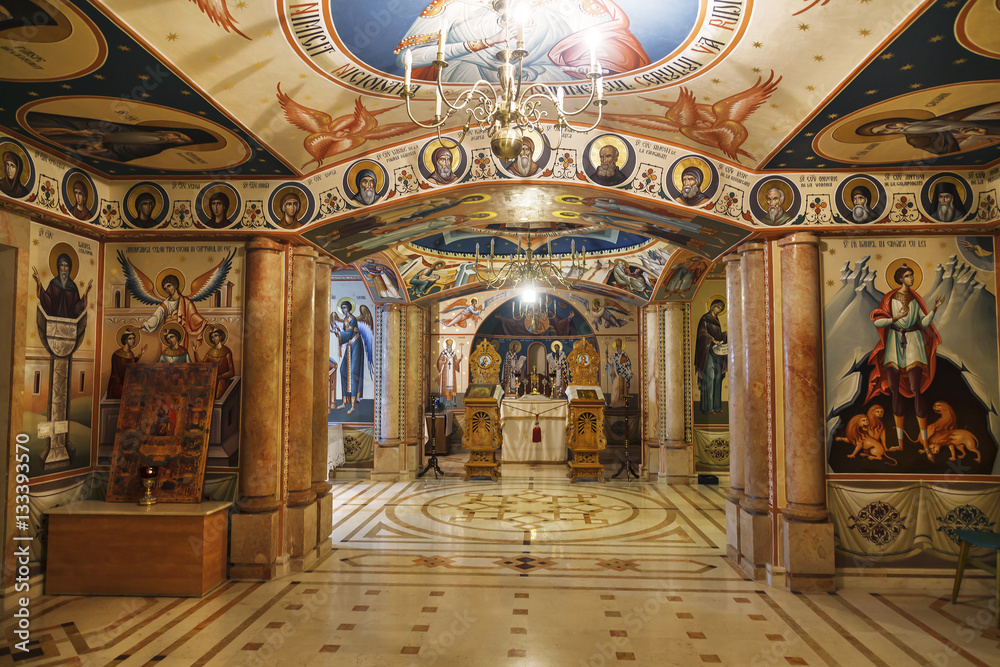 Interior of the Romanian underground Orthodox Church of the Nativity of the Virgin in Jericho, Palestine