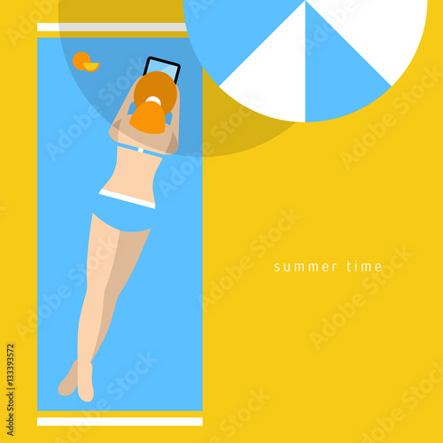 Beautiful girl sunbathing on beach. Vector flat illustration.