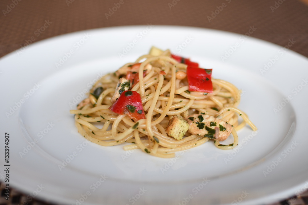 pasta salad with spaghetti, pepper, mozzarella, red onion, pine nuts pasta salad with spaghetti, pepper, mozzarella, red onion, pine nuts