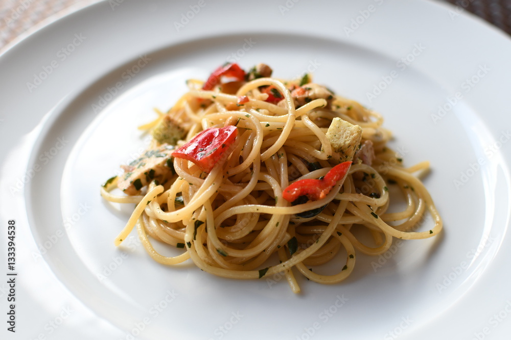 pasta salad with spaghetti, pepper, mozzarella, red onion, pine nuts pasta salad with spaghetti, pepper, mozzarella, red onion, pine nuts
