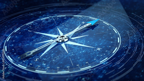 E-Business concept. Compass Direction On Digital Code Blue Background. 3d rendering photo