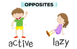 Opposite words for active and lazy