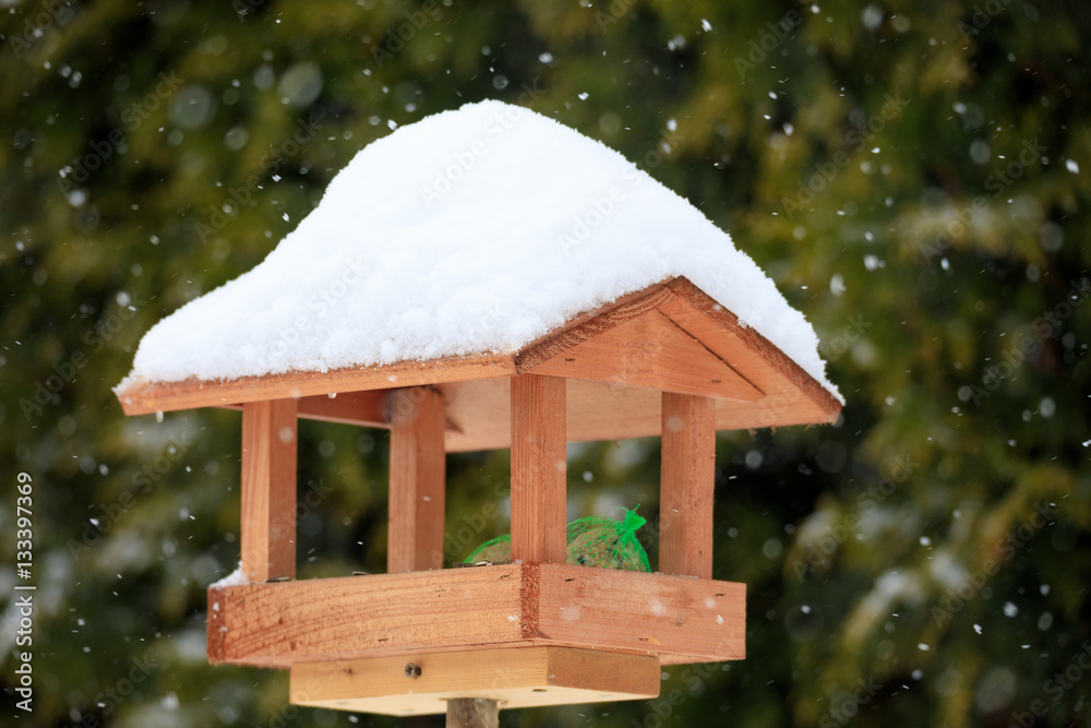 simple bird feeder in winter garden simple bird feeder in winter garden