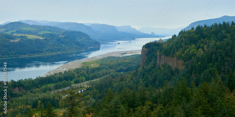 Columbia River Gorge panoramic view from Portland Women's Forum viewpoint on a rainy autumn day.