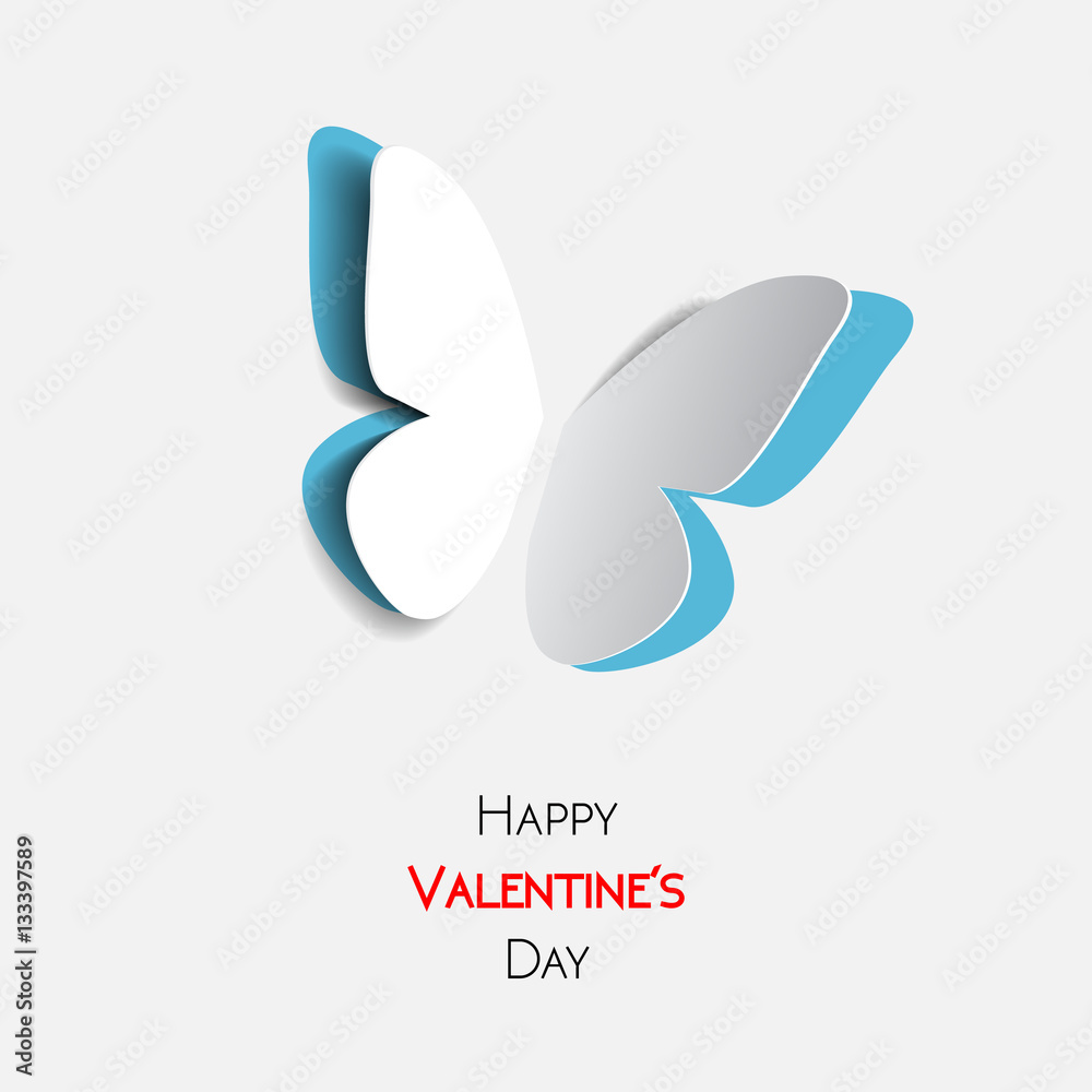 Fototapeta premium Happy Valentines Day greeting card with paper origami blue butterfly