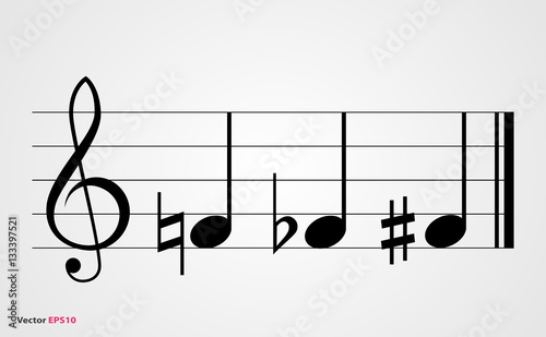 Flat, sharp and natural musical symbols with note, treble clef  and staff