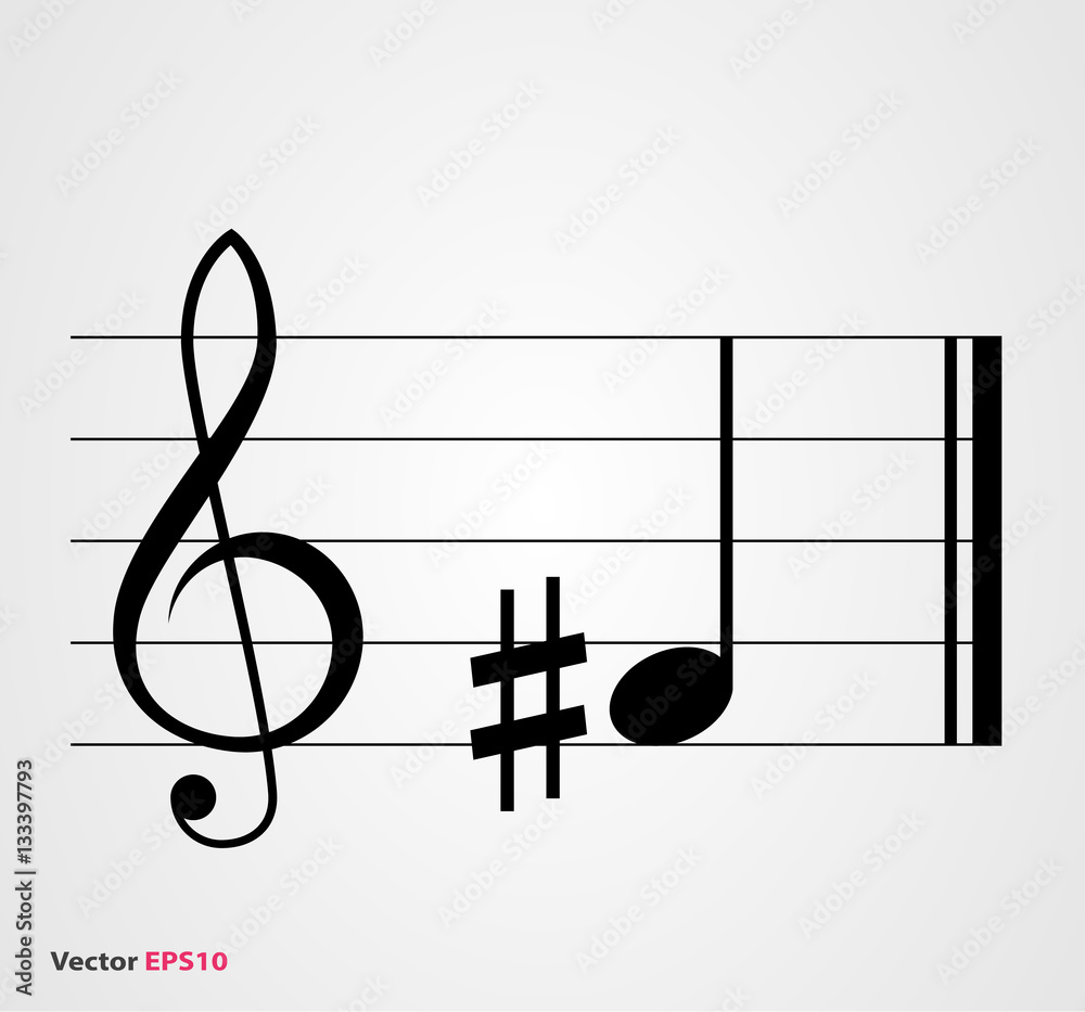Sharp musical symbol with note, treble clef and staff Stock Vector