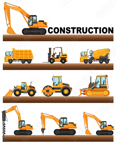 Different types of construction trucks on the ground