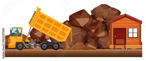 Dumping truck dumping soil on the construction site