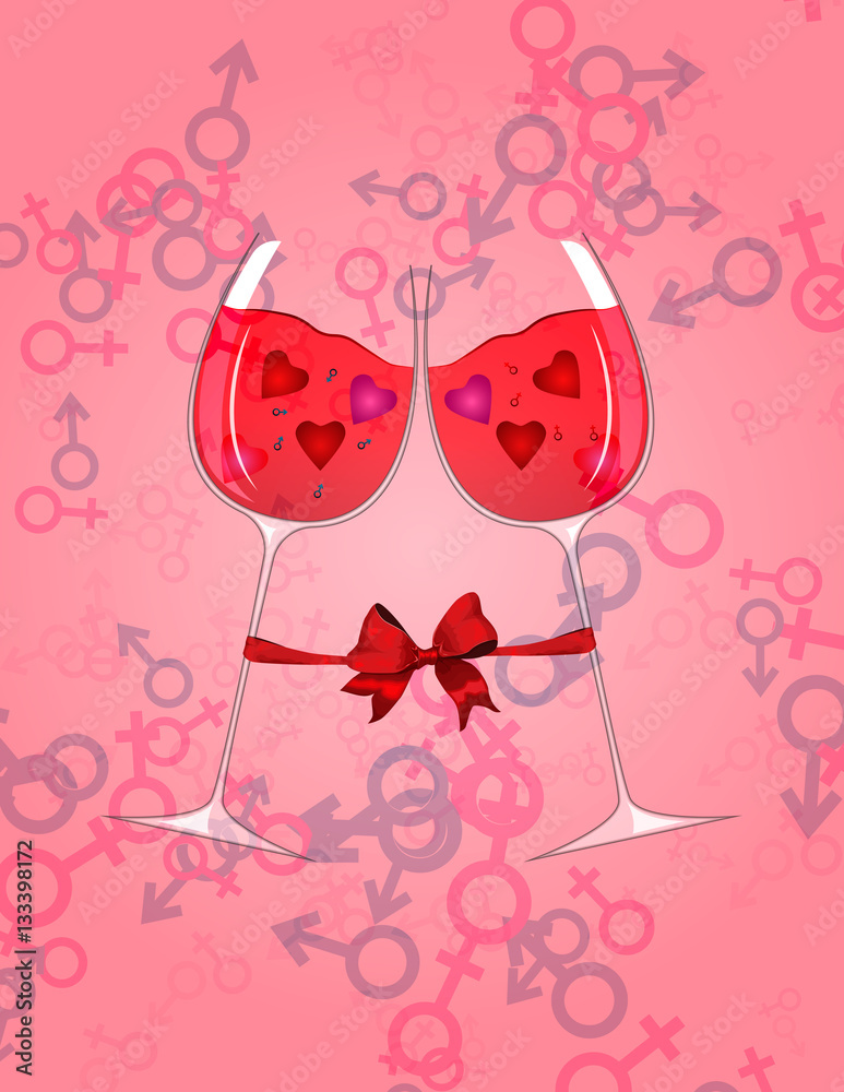 Two glasses of red wine on shiny background. Vector for Happy Valentine's Day Celebration. Two glasses of red wine on shiny background. Vector for Happy Valentine's Day Celebration.