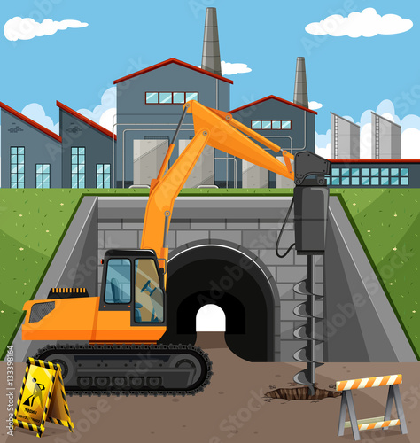 Road construction scene with driller