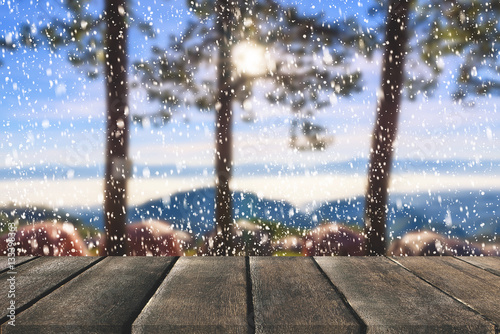 Wallpaper Mural Wood terrace with perspective view on mountain hills and mist with tent for camping  Torontodigital.ca