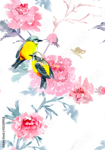 graceful seamless texture with flowers and birds. watercolor pai