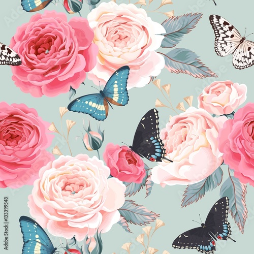 Seamless peony roses and butterfly