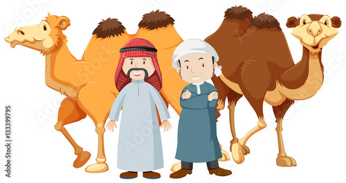 Two arab men and camels