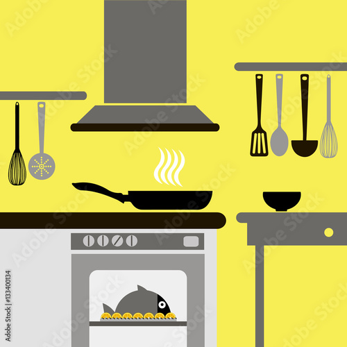 vector, home, house, interior, room, graphic, stove