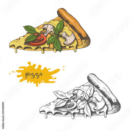 Hand-drawn pizza isolated on white. Element for fast food menu. Vector object. Sketch, engraving.
