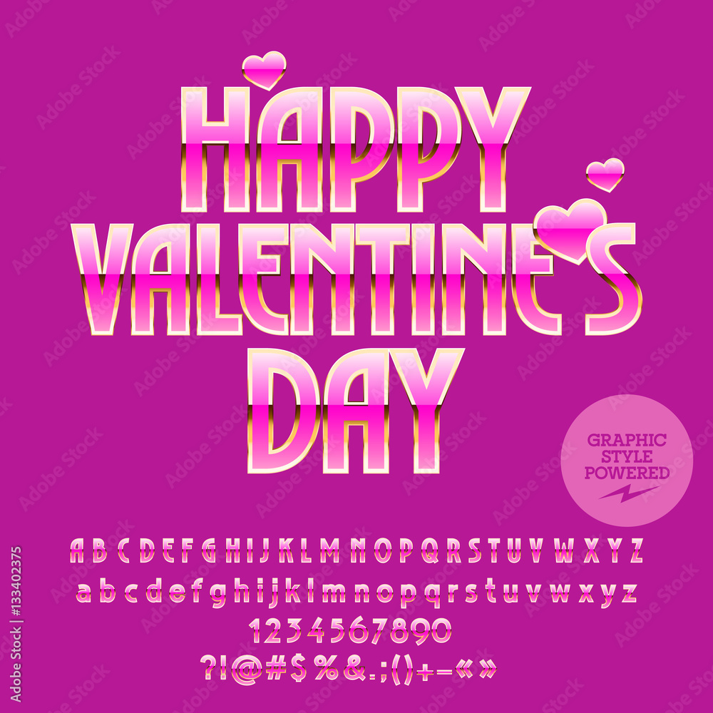 Vector chic pink greeting card for Saint Valentine day.. Set of letters, numbers and symbols. Contains graphic style.
