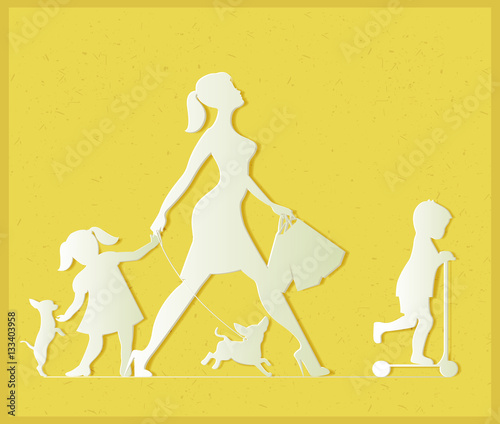 Woman with two children and dogs. Super mother doing shopping an