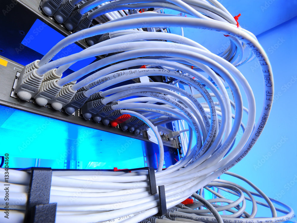 Large group of lilac utp Internet cables in Data Center Large group of lilac utp Internet cables in Data Center