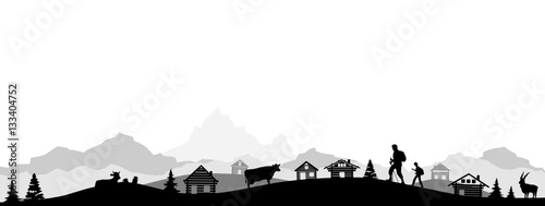 Panorama Berge Wanderer und Holzhütten