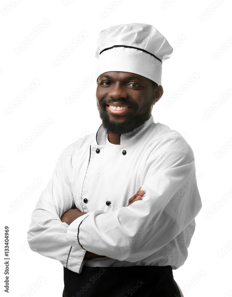 African American chef in uniform on white background African American chef in uniform on white background