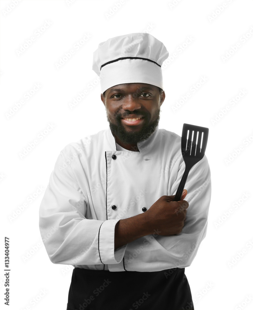 African American chef in uniform on white background African American chef in uniform on white background