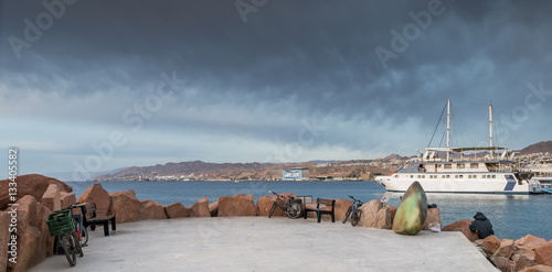 Anchored pleasured boat at central marina of Eilat - number one resort city i...