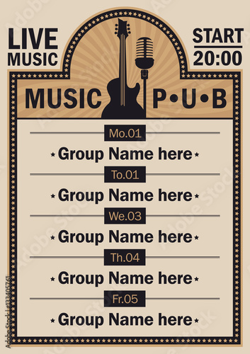 poster for the beer pub with live music with guitar and microphone