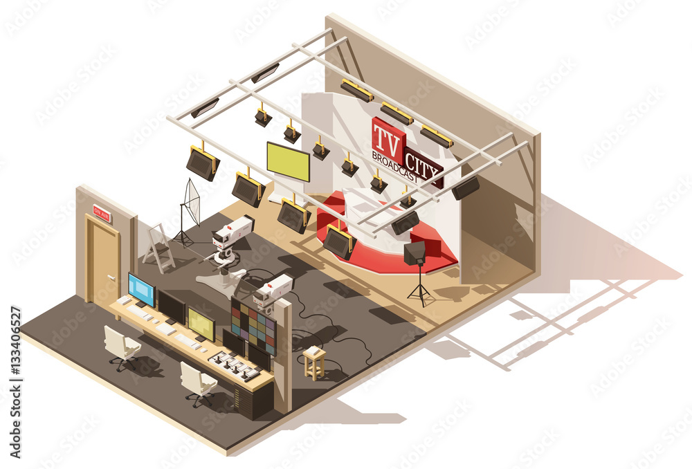 Vector isometric low poly television studio Vector isometric low poly television studio