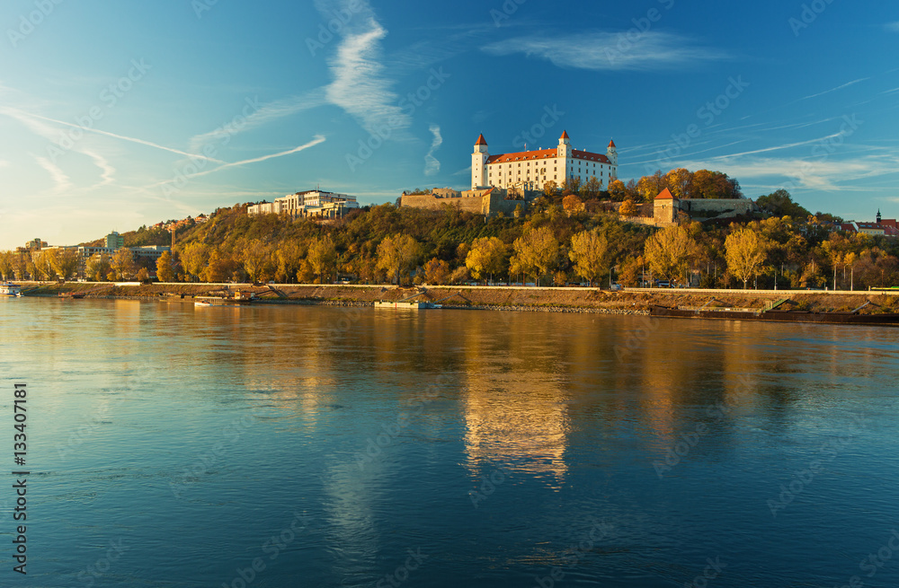 Bratislava castle,parliament and Danube river and beautiful fall day,Slovakia