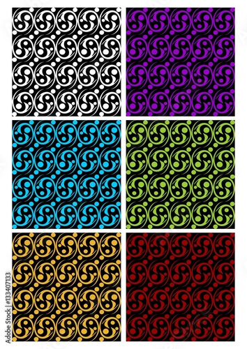 Set of classic rounded patterns on black background. Different color variants - white, purple, blue, green, yellow, dark red. Template for  textile or paper print, contrasting colors