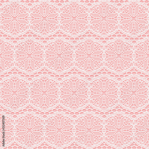 White and pink seamless lace fabric.
