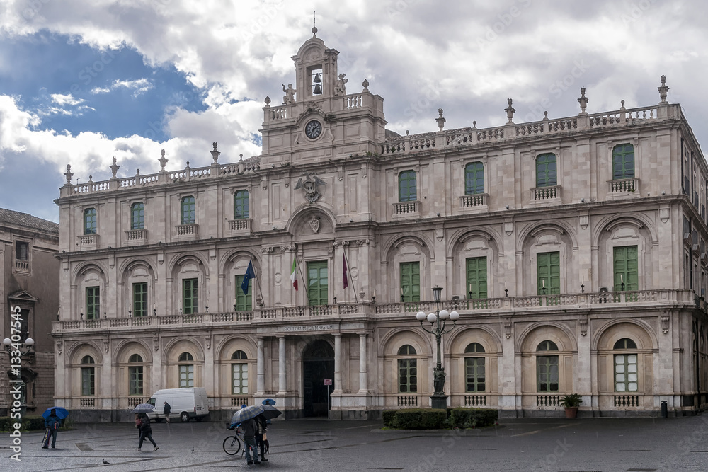 The facade of the University of Catania, Sicily, Italy, in the historic center of the city