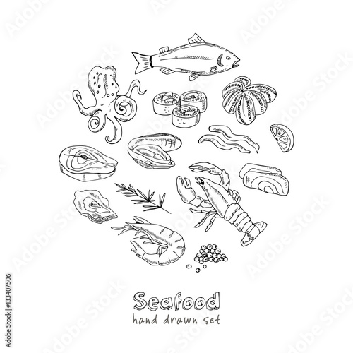 Vector frame with hand drawn seafood illustration - fresh fish, lobster, crab, oyster, mussel, squid and spice sketch.