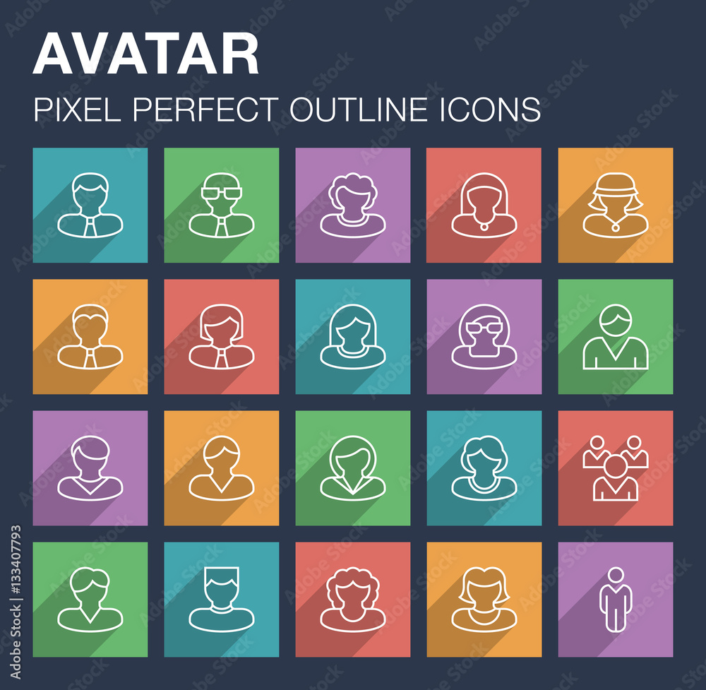 Set of pixel perfect outline avatar icons with long shadow. 
Editable stroke.
