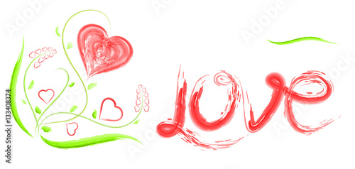 The heart, the caption  love, and  flowers for Valentine's Day or weddings