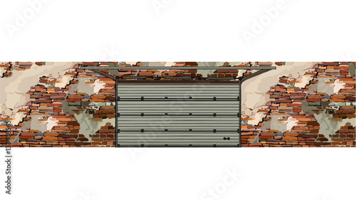 garage doors in the background of a shabby brick walls