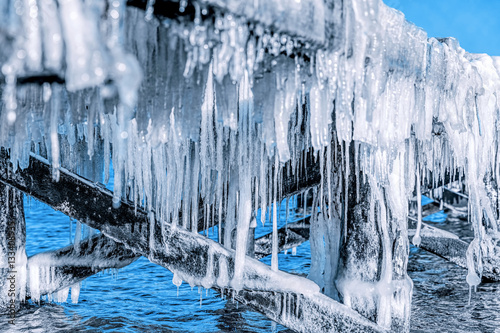 Icicle hanging under jetty roof. Ice, winter.